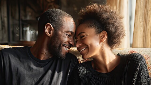 a couple sitting closely together, smiling at each other in a warm and intimate moment, suggesting a loving relationship