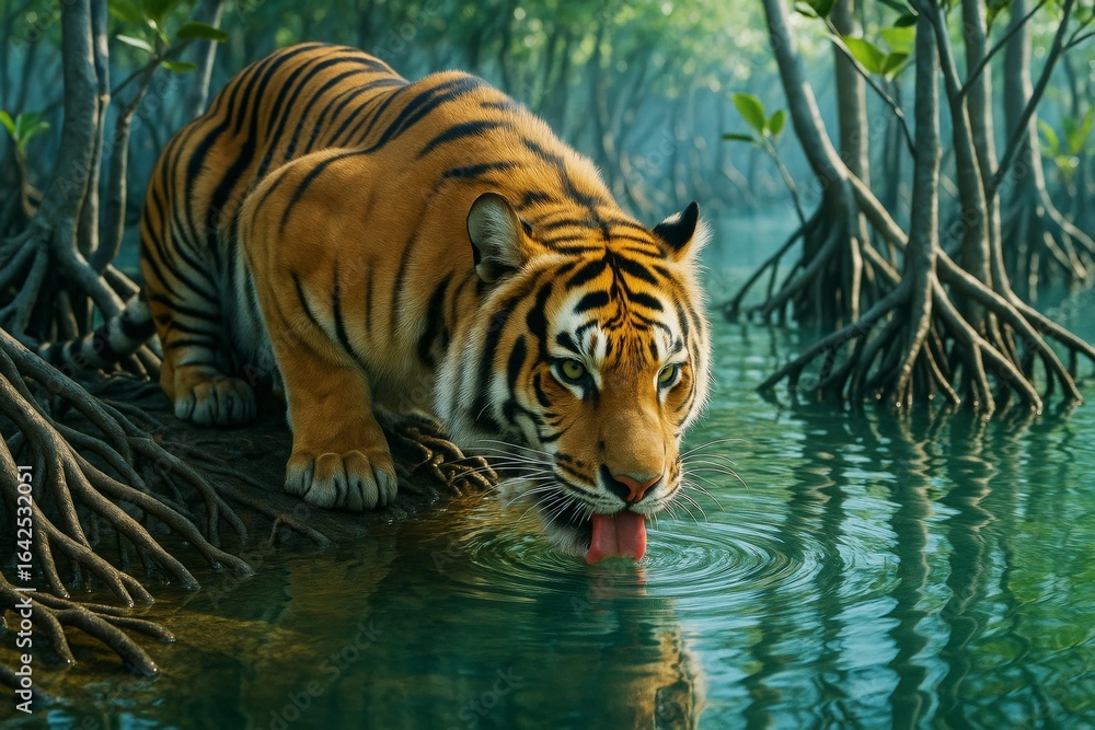 Poster majestic tiger drinking water in a lush mangrove forest with sunlight filtering through trees on a s