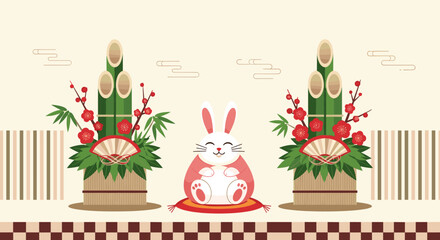 Charming bunny celebrating japanese new year with traditional decorations and festive atmosphere