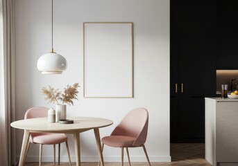 Chic dining area with pink chairs and pendant lamp