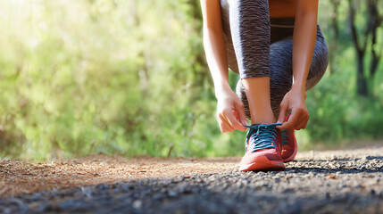 Exercise and sport running shoes runner woman tying laces getting ready for summer run in forest park panoramic banner header crop. Jogging girl exercise motivation heatlhy fit living.