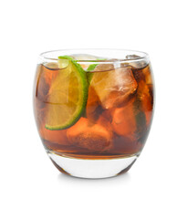 Glass of cold Cuba Libre cocktail isolated on white background