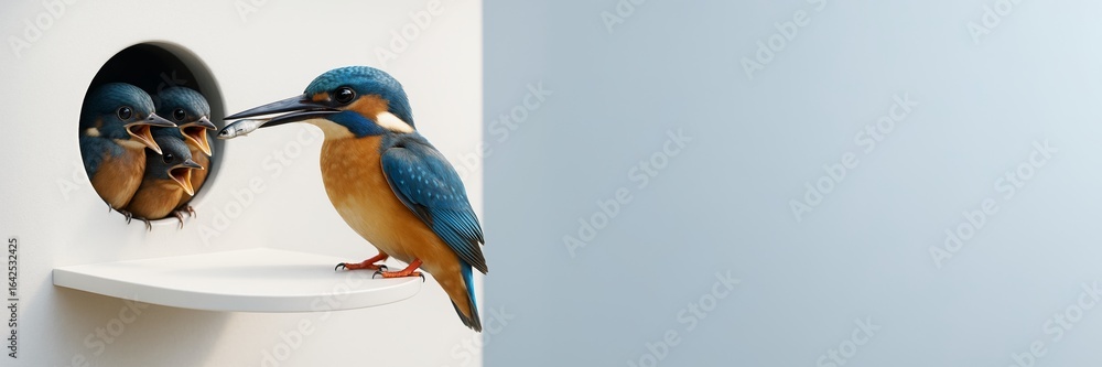 Aufkleber colorful kingfisher feeding chicks at nest entrance on clean white shelf with soft blue background a