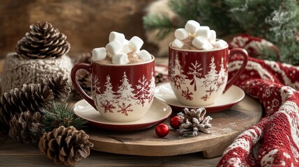 Fototapeta premium Mugs of hot cocoa with marshmallows surrounded by winter decorations, capturing the cozy spirit of the season.