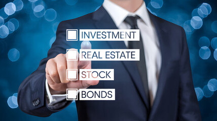 Man choosing investment options like stocks and bonds for financial growth