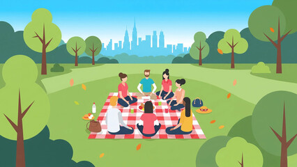Fototapeta premium Picnic in Central Park Friends Circle Illustration