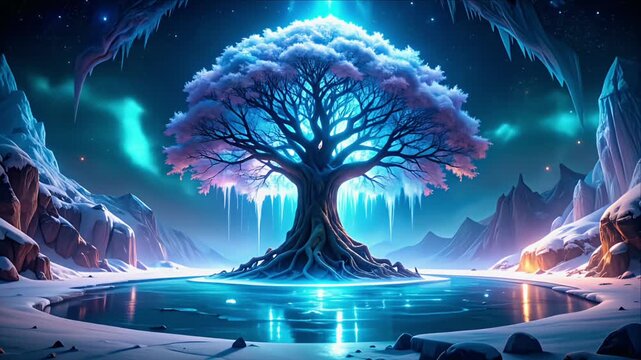 Glowing ice tree in winter wonderland