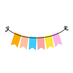Multicolor triangular bunting string with vibrant pastel flags tied on both ends, perfect for party and celebration decorations.