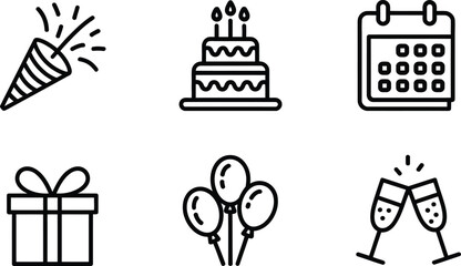 Naklejka premium Birthday celebration icons with party popper cake balloons gift and calendar Keywords: birthday