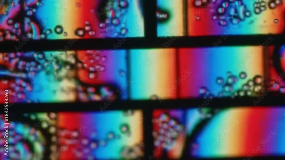 Poster abstract colorful liquid cells with numerous sparkling bubbles and light refractions, forming a vibr