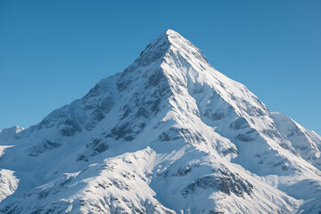 A majestic snow-covered mountain peak rises against a clear blue sky, showcasing the beauty of nature's rugged landscapes.