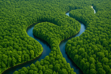 Aerial view of a heart-shaped river surrounded by lush green trees, showcasing nature's beauty and intricate patterns.