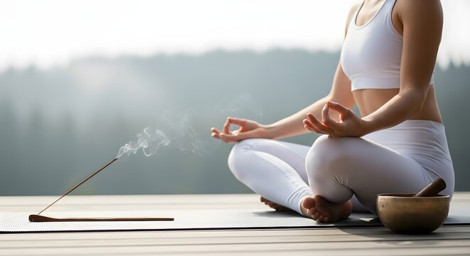 World Meditation Day yoga and meditation in lotus pose outdoors. A burning incense stick and a singing bowl sit nearby, promoting relaxation and mindfulness.