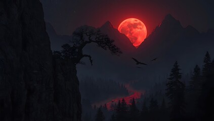 Ultradetailed Dark Fantasy Landscape at Night with Blood Moon and Shadowy Mountains