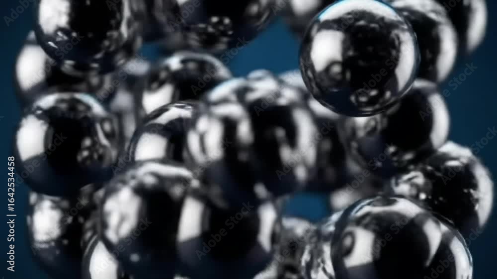 Poster numerous dark, reflective spheres float in a deep blue void, creating an abstract and mesmerizing vi