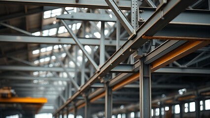 Fototapeta premium Industrial steel beams in a construction setting showcase architectural details with soft natural light.