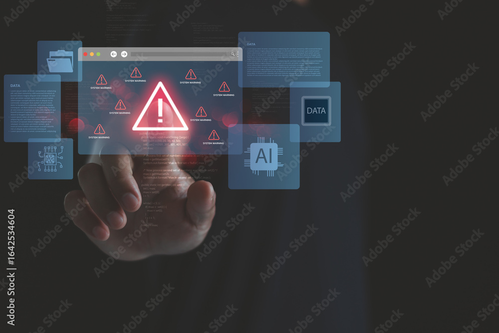 Fototapete hand interacting with virtual system warning icon surrounded by ai and data graphics, illustrating c