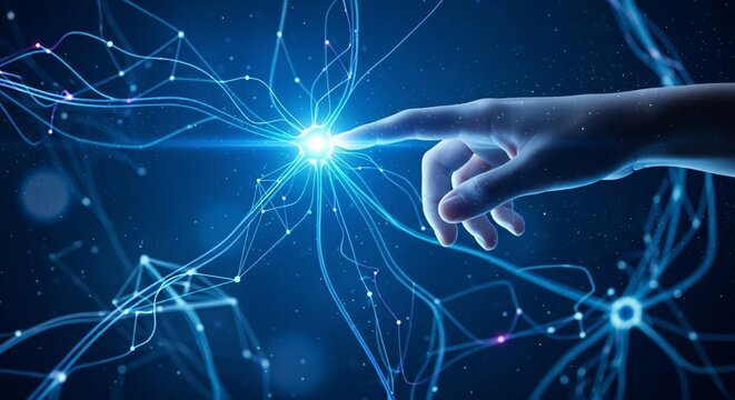 Hand touching a glowing neural network node with interconnected blue lines and points of light on dark blue