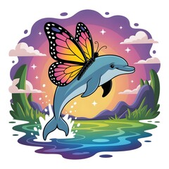Magical Dolphin with Vibrant Butterfly Wings Leaping Over Water at Sunset