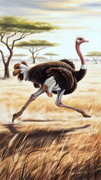 African Ostrich Running Through Savannah Grassland with Acacia Trees