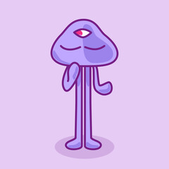 目を閉じて考え事をする紫の宇宙人／Purple alien thinking with eyes closed