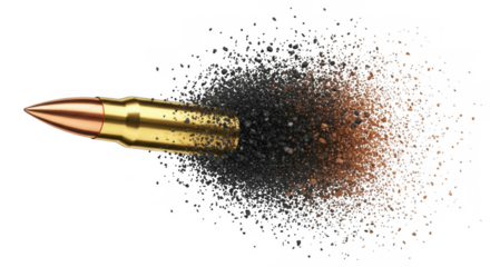 A golden bullet in motion, disintegrating into a cloud of smoke and debris, isolated on transparent background