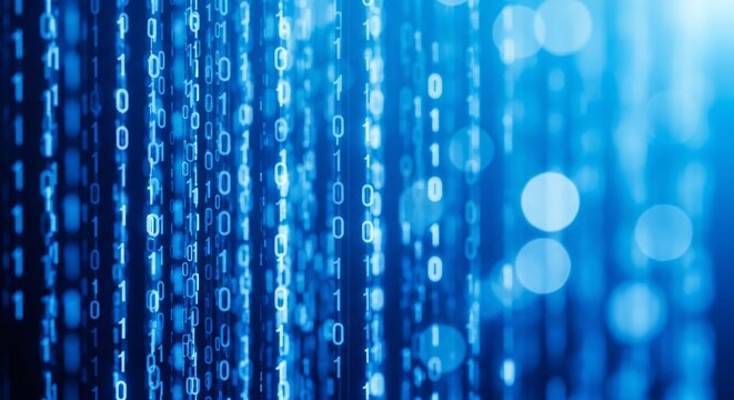 Blue digital background with falling binary code representing data and technology concepts in a modern style
