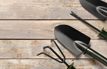 Set of gardening tools on light wooden background