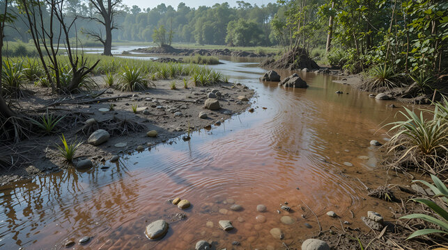 waste disposal site adjacent to wetland showing runoff water colored by chemicals threatening fragile aquatic habitats and biodiversity