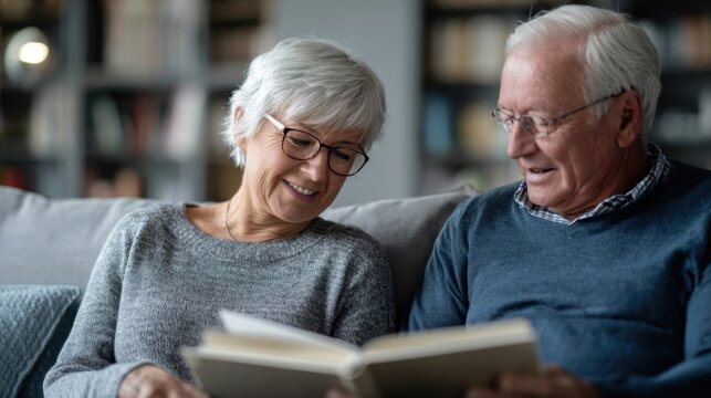 Smiling senior couple enjoying time together, reading a book in their living room, sharing a moment of relaxation and connection in their retirement