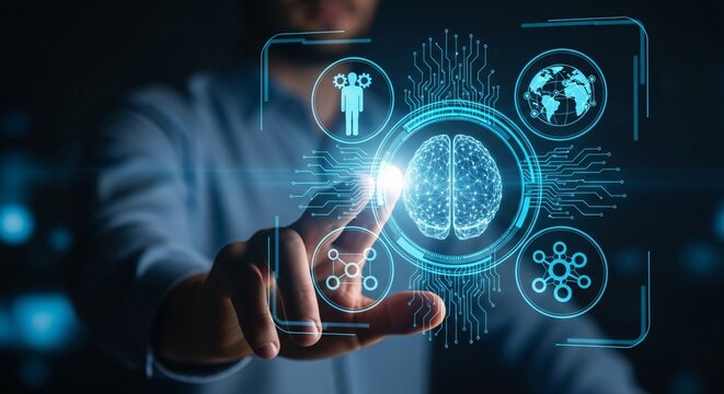 Man touching holographic screen with brain and global network icons in a futuristic interface