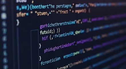 A close up of computer code displayed on a dark screen with syntax highlighting showing coding lines