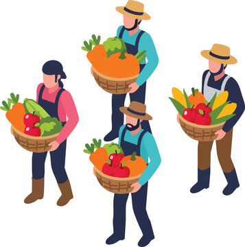 Four farmers hold baskets of produce apples corn squash carrots and lettuce They wear hats and overalls