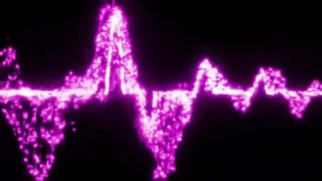 Vibrant purple light particles form an abstract wave pattern against a dark background, symbolizing digital energy or data flow.