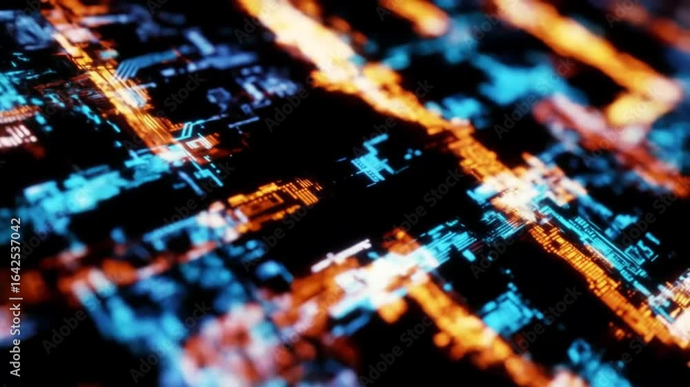 Poster abstract digital background featuring glowing blue and orange lines representing data flow and techn