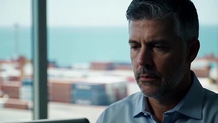 Mature businessman using tablet in office overlooking shipping port with ocean view - Modern - Powered by Adobe