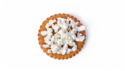 Golden round cracker topped with crumbly white cheese flat lay on white background showcasing a delicious snack, perfect for food photography, appetizer design, culinary projects, and gourmet branding
