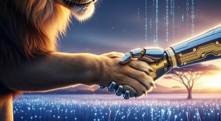 Lion shaking hands with a robot arm in a field under binary code and a sunset sky background