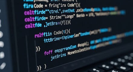 Close up of a computer screen displaying colorful code with a dark background and keyboard below