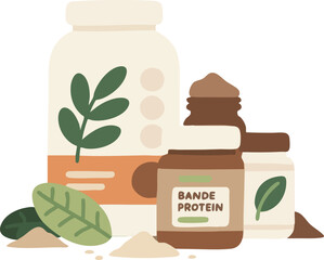 Illustrated protein supplements with green leaves jars and spilled powder cartoon style