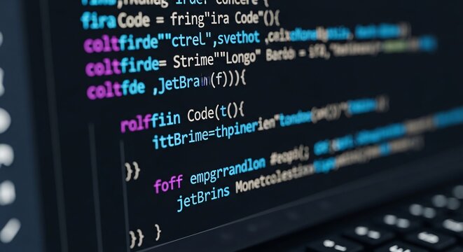 Close up of a computer screen displaying colorful code with a dark background and keyboard below