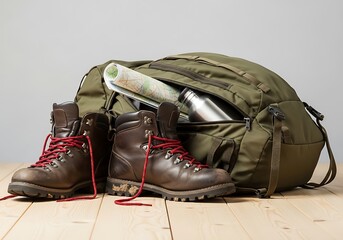 Hiking gear ready for an outdoor adventure: boots, backpack and essential equipment on a wooden