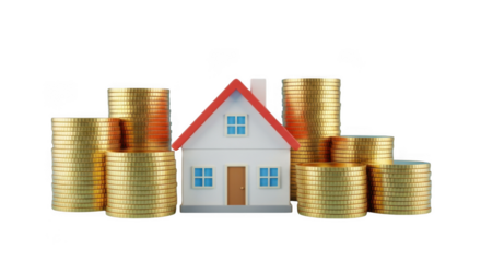 Small house surrounded by stacks of gold coins, representing financial investment in real estate, isolated on transparent background