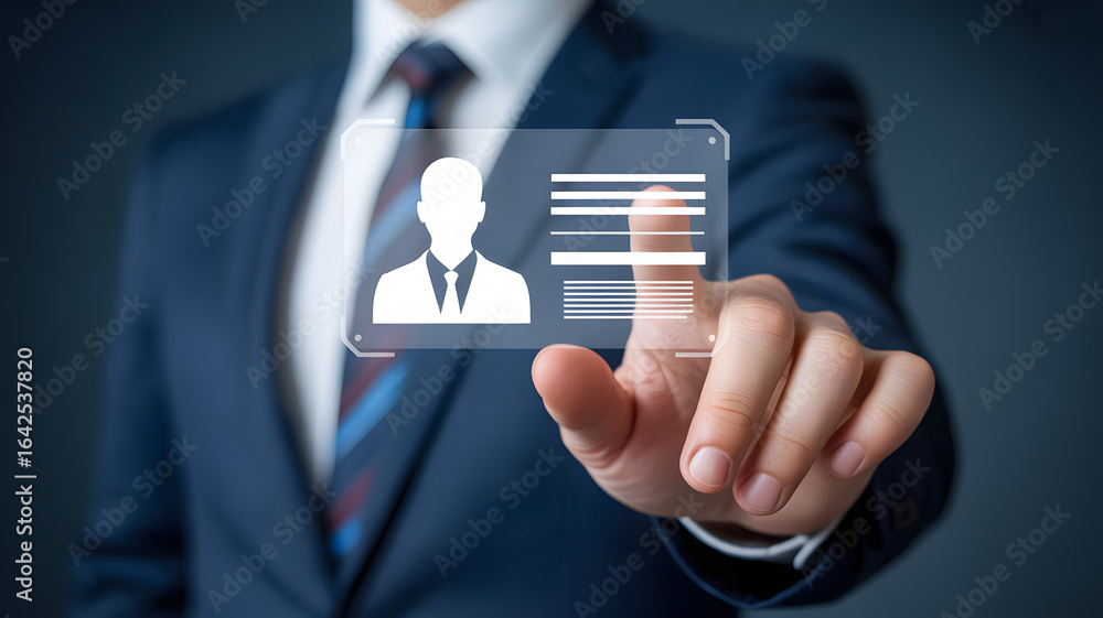 Poster businessman interacts with digital profile interface selecting user data on screen