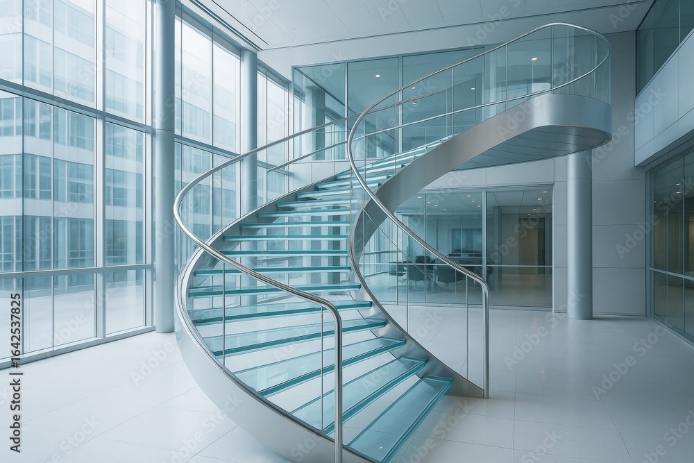 Poster futuristic glass spiral staircase inside modern office building with sleek architecture and natural 