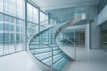Futuristic glass spiral staircase inside modern office building with sleek architecture and natural light from large windows in background. Ai generative