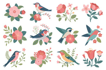 Obraz premium Delicate Birds and Floral Arrangements Keywords: bird, floral, flower, nature, wildlife