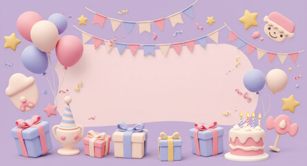 birthday cake with candles and balloons