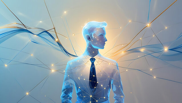 Futuristic businessman avatar in a digital network, representing innovation and the future of corporate technology. - Powered by Adobe