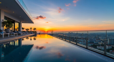 Obraz premium Luxury infinity pool at sunset overlooking cityscape with reflection in water and warm sky